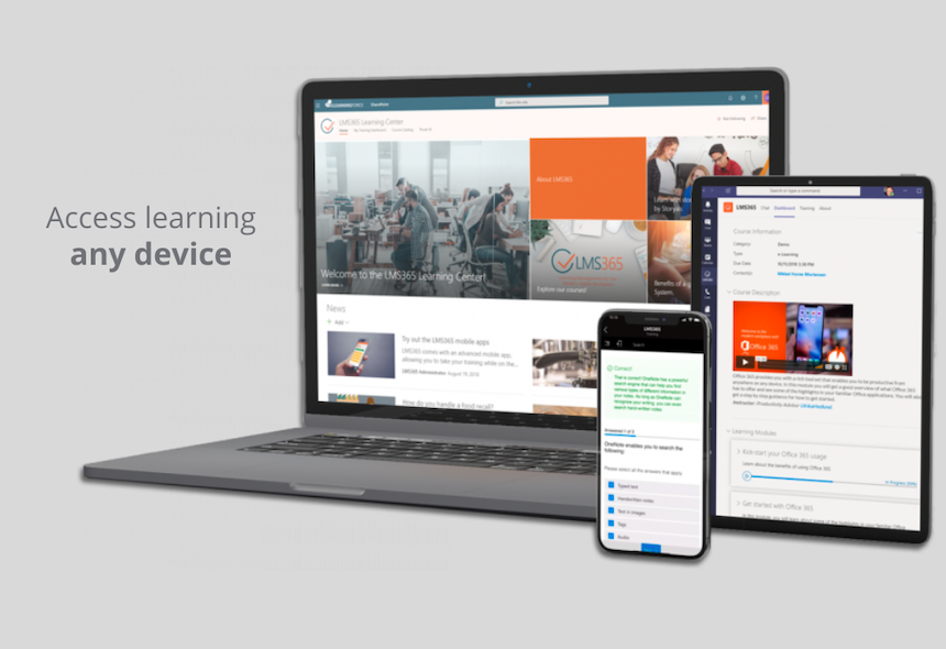 Interface LMS365 affichée sur ordinateur, tablette et smartphone, illustrant un apprentissage en ligne accessible sur tout type d’appareil.