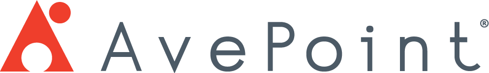 Logo AvePoint avec symbole rouge triangulaire et texte gris foncé.